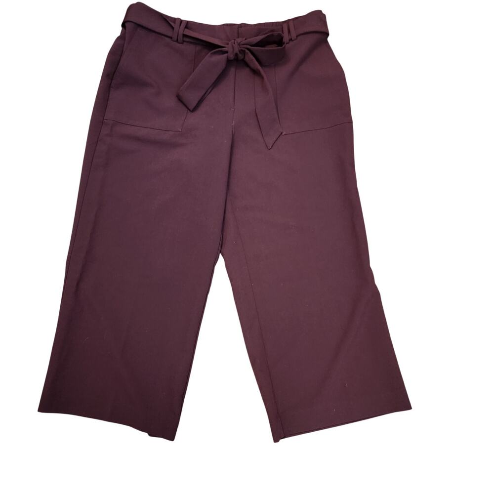 Worthington Wide Leg Cropped Pants Burgundy Maroon Size 10 Tie Waist
